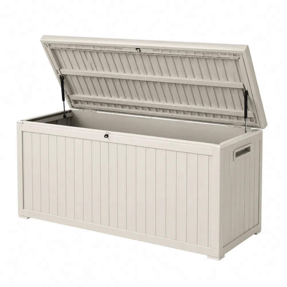 Baule contenitore da esterno rettangolare in polipropilene PP beige chiaro con coperchio incernierato pistoni a gas capacità 320 L 120 x 55 x 58 cm