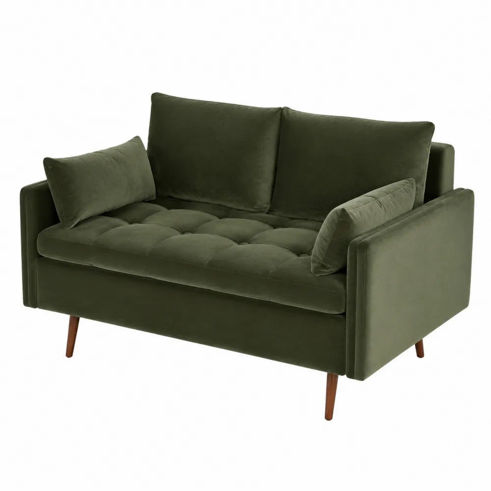 Divano due posti rettangolare in velluto di poliestere verde scuro con braccioli e gambe in legno 170 x 90 x 85 cm