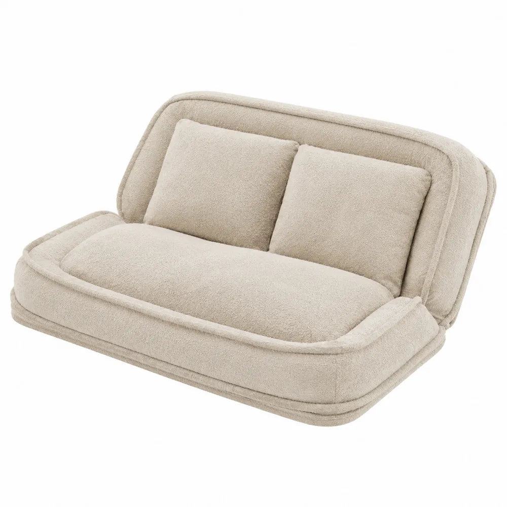 Chaise longue imbottita 150 x 90 x 80 cm in tessuto bouclé beige chiaro con schienale inclinato e 2 cuscini