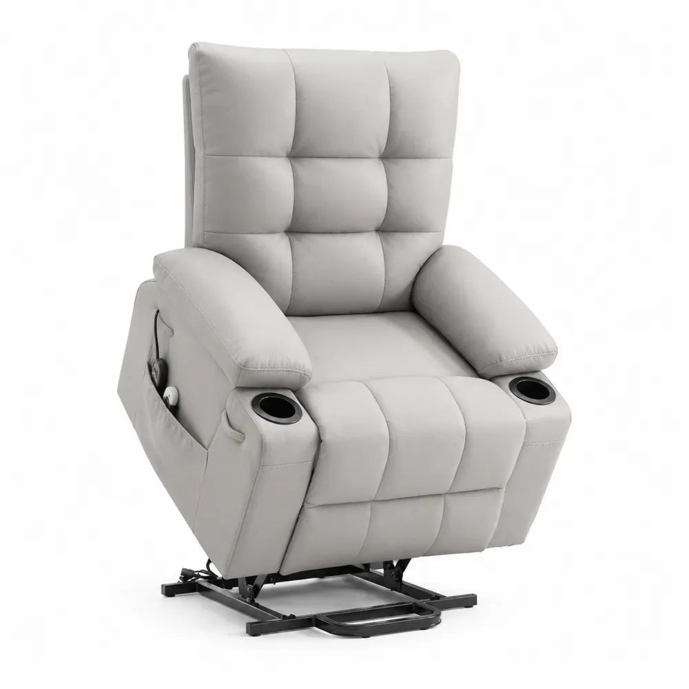 Poltrona reclinabile elettrica alzapersona 85 x 90 x 105 cm in pelle PU grigio chiaro con portabicchieri e base in acciaio nero