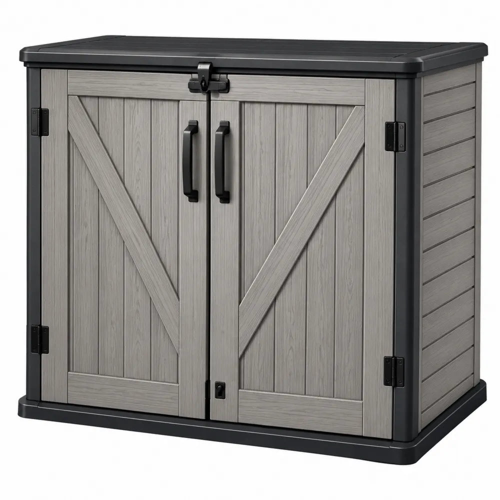 Armadio da esterno in resina effetto legno grigio 120 cm x 70 cm x 110 cm con doppia anta e chiusura lucchettabile