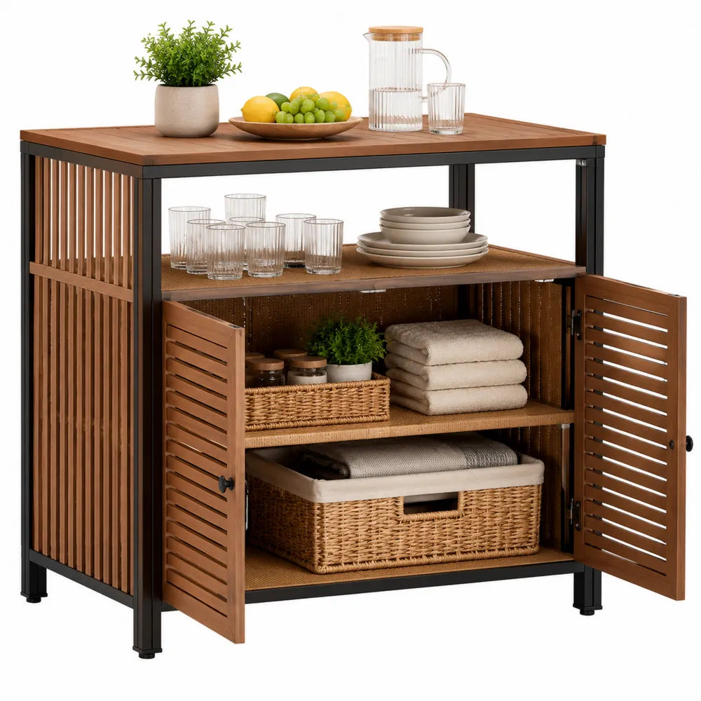 Mobile contenitore da esterno rettangolare 100 x 50 x 90 cm in acciaio verniciato e legno di acacia con ante a doghe marrone e nero