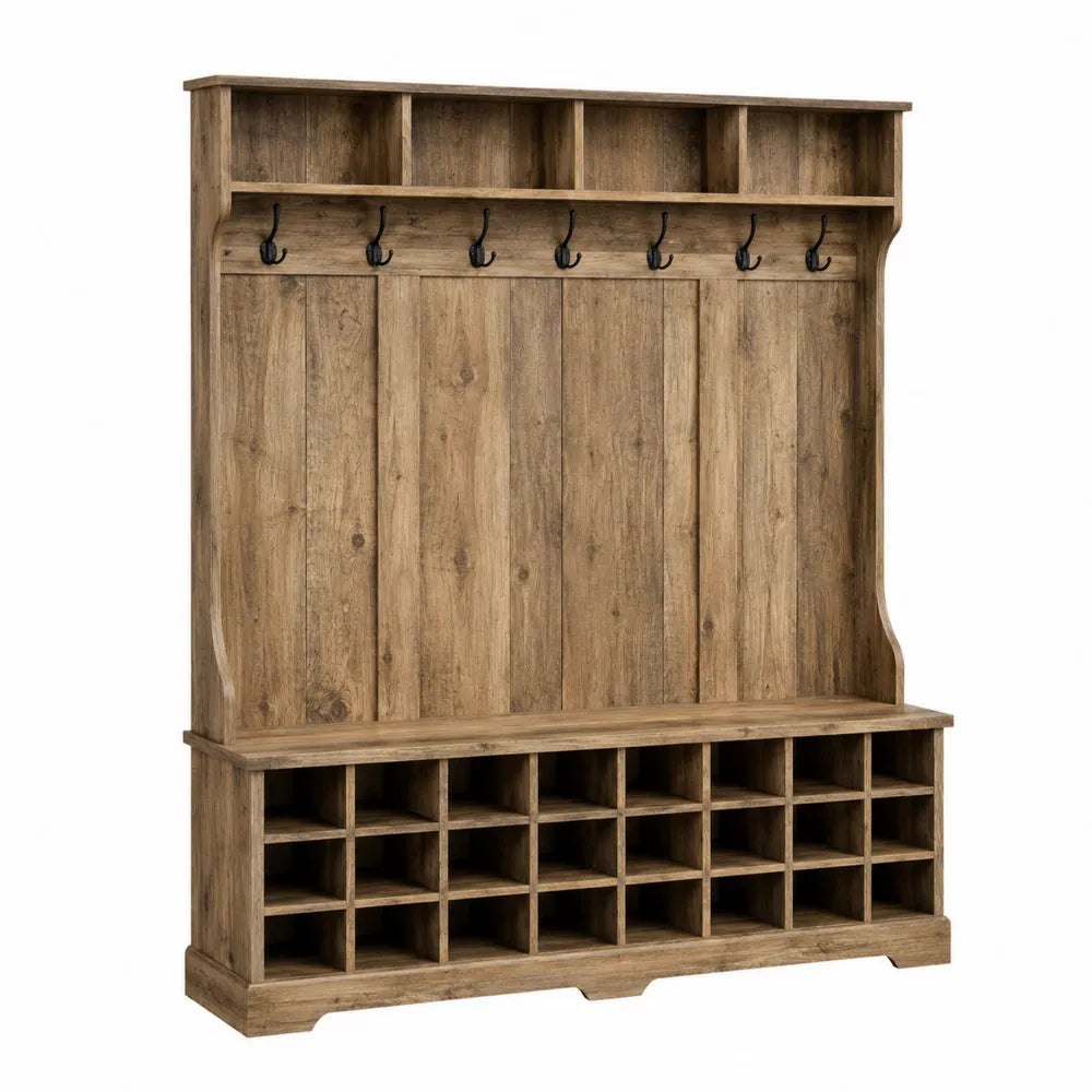 Mobile ingresso appendiabiti e scarpiera in MDF effetto rovere naturale 120 cm x 40 cm x 180 cm con panca e ganci in metallo nero