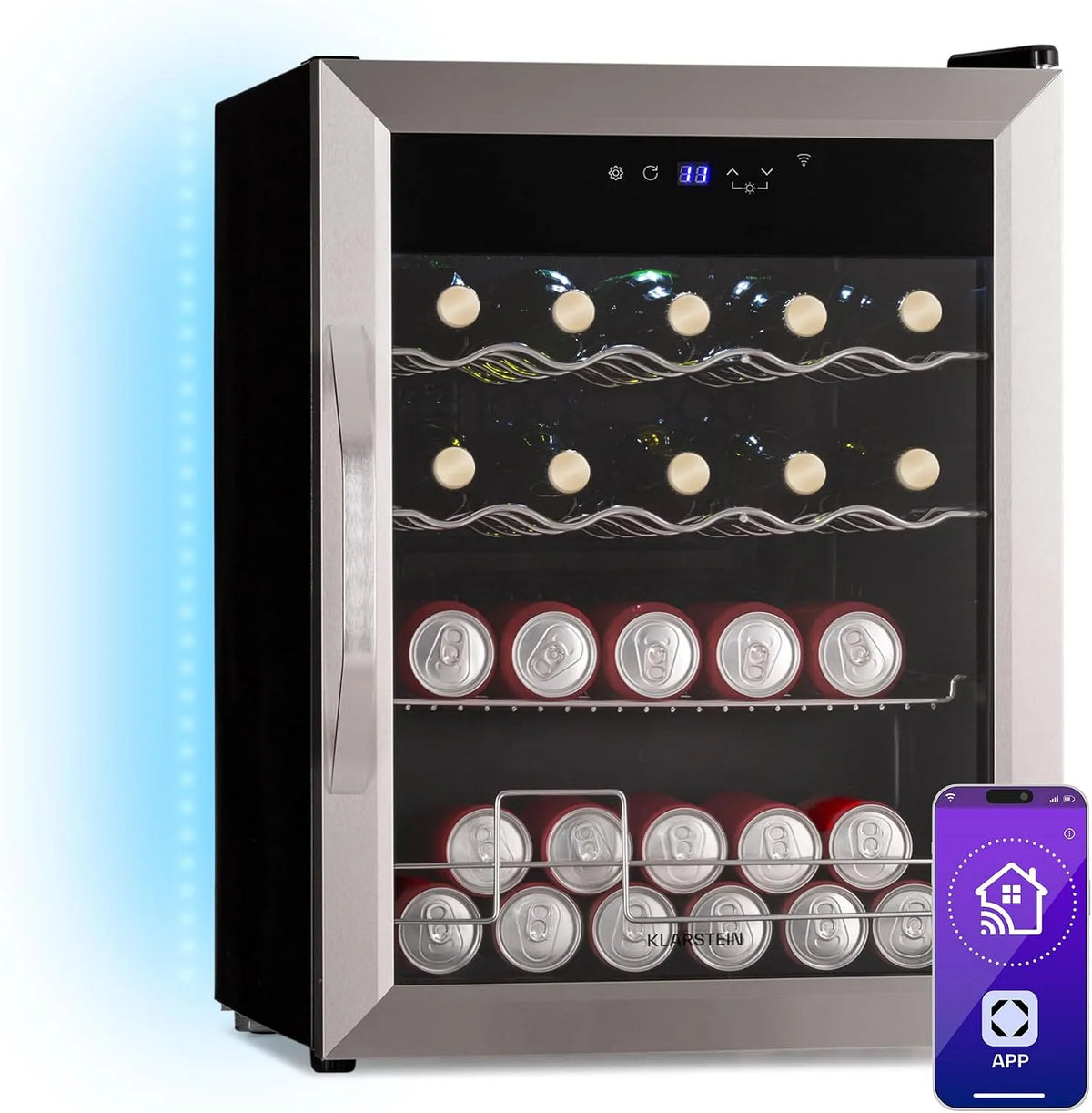 Klarstein Frigorifero, 60 L, 3 a 18 °C, Wi-Fi, acciaio inox, 3 Ripiani Rimovibili, LED, KLARSTEIN Coachella 60 Smart - Frigo per Bibite, 60L, WiFi