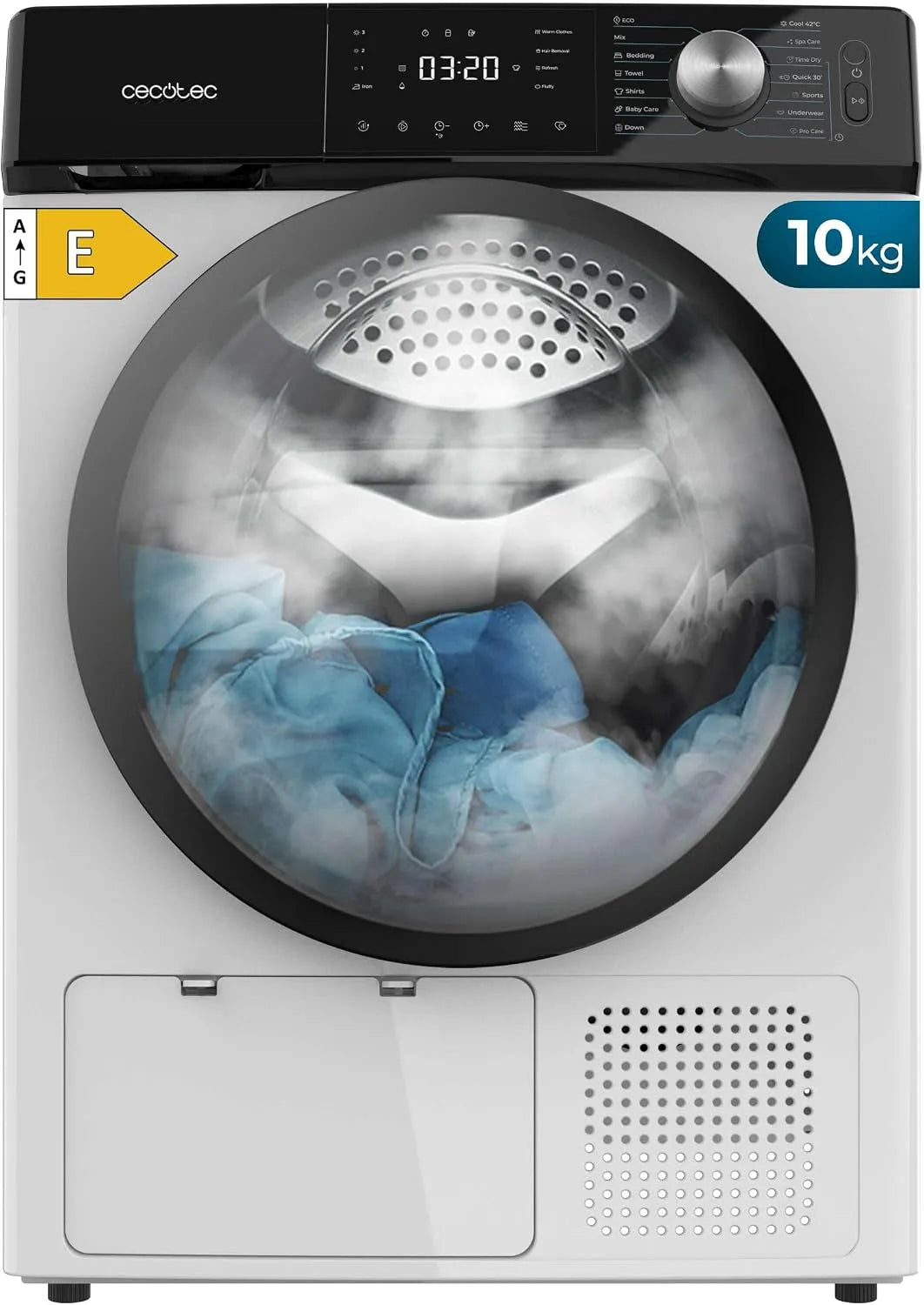 Cecotec Bolero Dresscode Dry Asciugatrice, 14 programmi, 10 kg, classe energetica E, bianco, 4 Livelli Asciugatura, Classe Equivalente A++, Funzioni