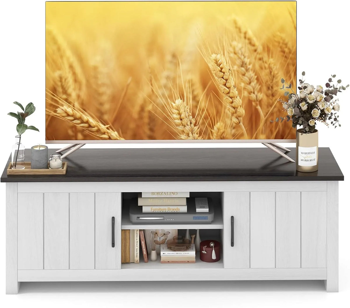 Mobile TV, 65 pollici, decorazione del soggiorno, bianco, supporto per TV con 2 armadi e 2 ripiani aperti, sala da pranzo, camera da letto