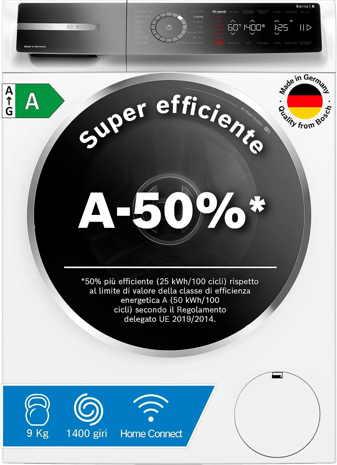 Bosch Serie 8 WGB24402IT Lavatrice, 9 kg, Bosch WGB24402IT Serie 8 Lavatrice 9kg 1400 giri, min Efficienza A -50%