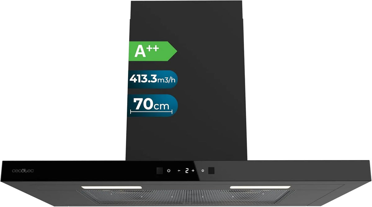 Cecotec Bolero Flux TT Cappa aspirante, 70cm, 413, 3 m3/h, classe energetica A, cappa da cucina, Boost, touch, nero, 3m3, Hand Movement Control