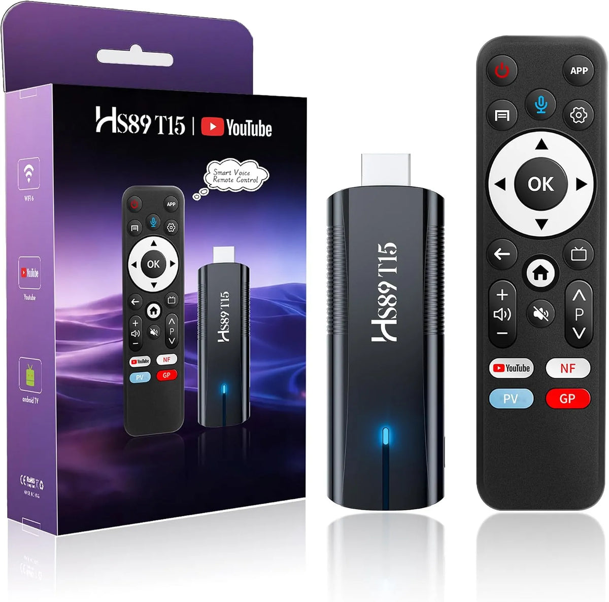 Smart TV HS89 T15, televisore, 4K UHD, HDR, Wi-Fi, Bluetooth, Android OS, 4 HDR10+, HS89 T15 Smart TV Stick Android 14 4K Ultra HD, 2GB RAM 16G ROM