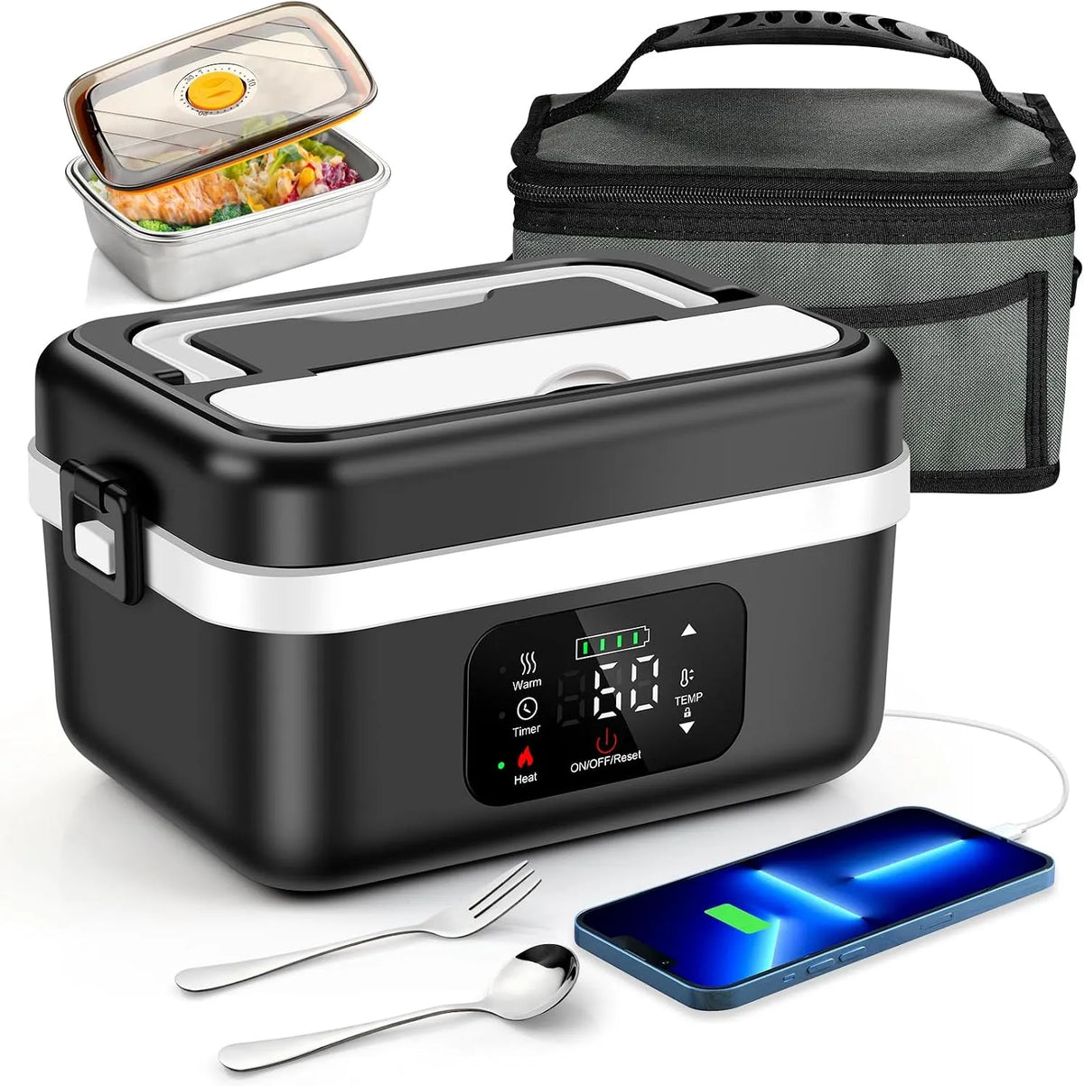 Prodotto 1L Scatola da Pranzo Riscaldata a Batteria per Adulti Portatile in Acciaio Inossidabile Riscaldatore di Cibo con Stoviglie e Sacchetto