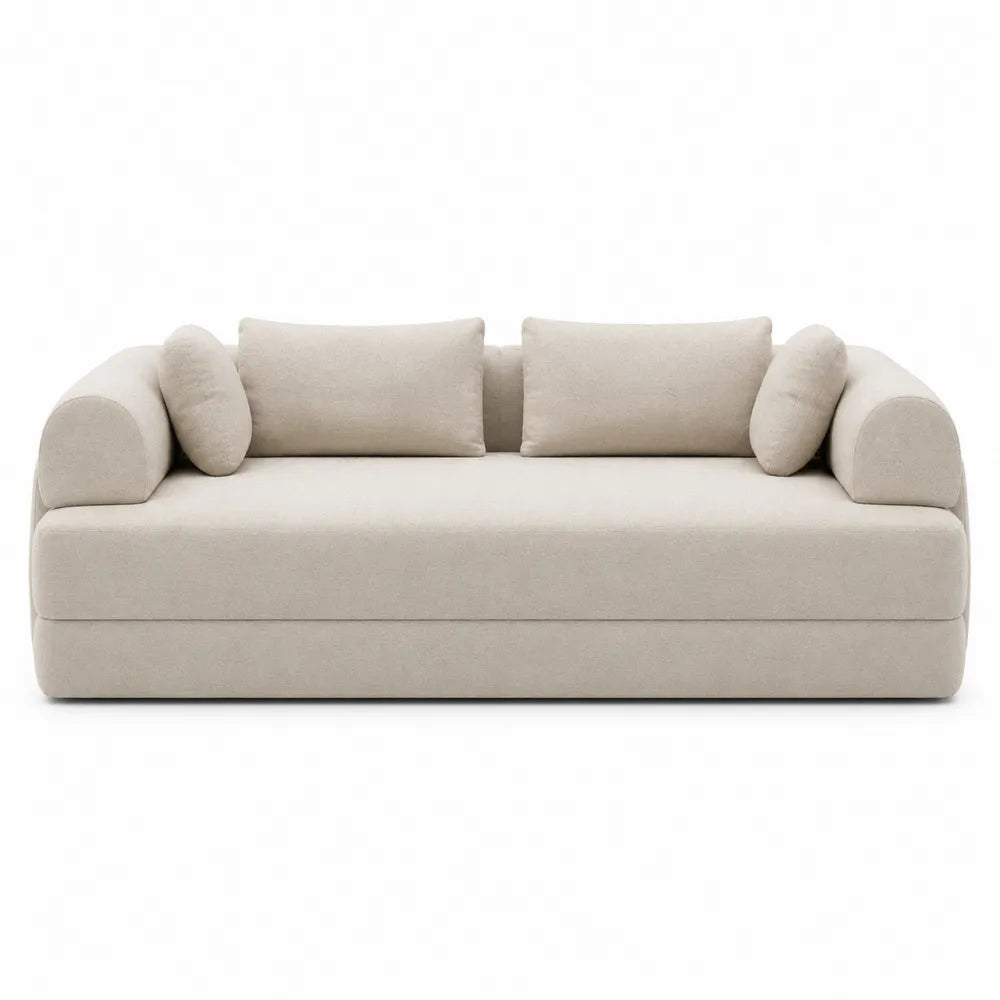 Divano 3 posti imbottito 200 x 95 x 85 cm in tessuto poliestere beige chiaro con braccioli arrotondati e 4 cuscini