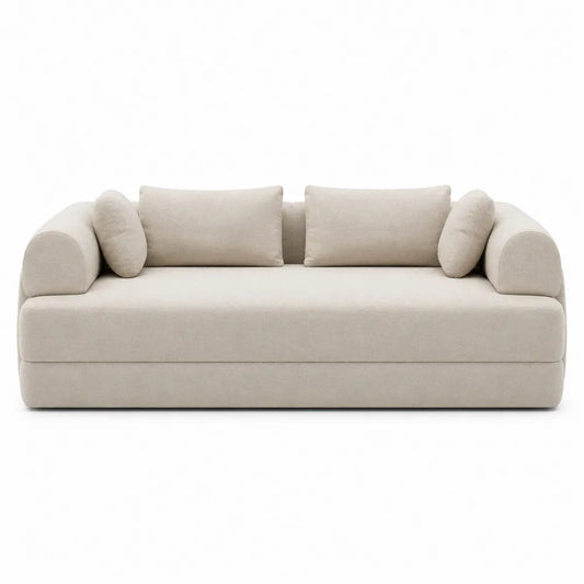 Divano 3 posti imbottito 200 x 95 x 85 cm in tessuto poliestere beige chiaro con braccioli arrotondati e 4 cuscini