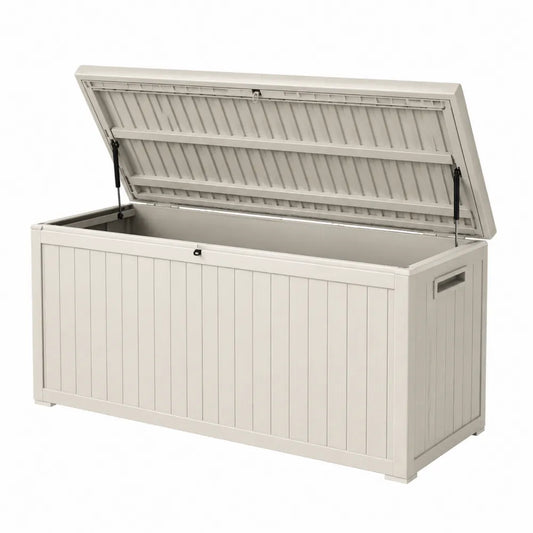 Baule contenitore da esterno rettangolare in polipropilene PP beige chiaro con coperchio incernierato pistoni a gas capacità 320 L 120 x 55 x 58 cm