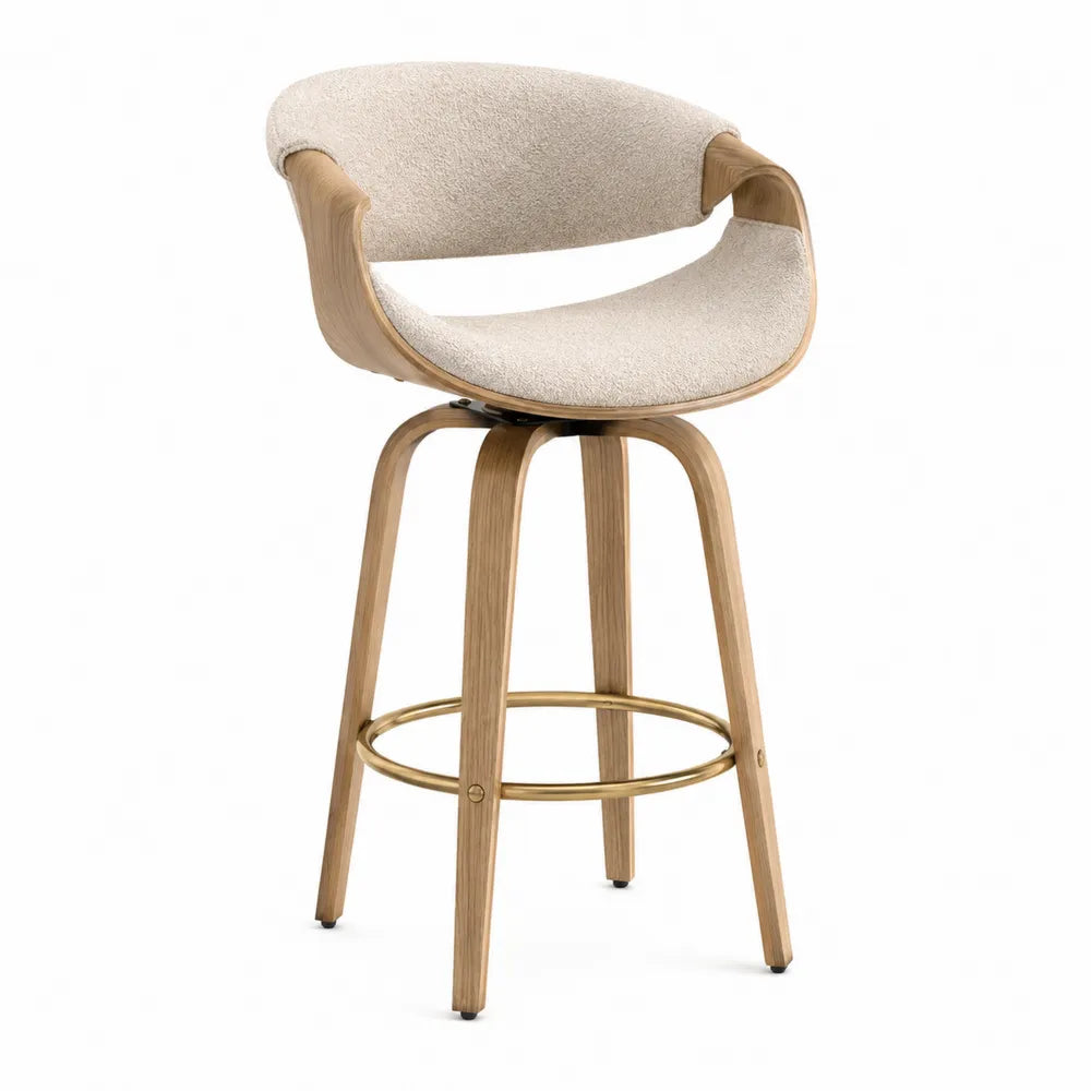 Sgabello da bar rotondo in legno di frassino naturale e tessuto bouclé beige con braccioli e poggiapiedi oro 55 cm x 50 cm x 95 cm