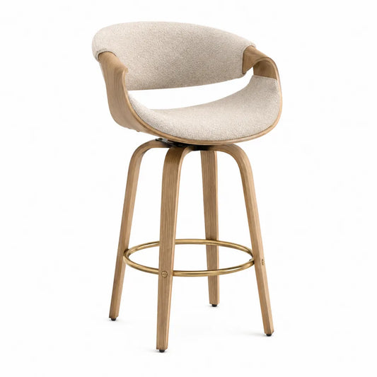 Sgabello da bar rotondo in legno di frassino naturale e tessuto bouclé beige con braccioli e poggiapiedi oro 55 cm x 50 cm x 95 cm