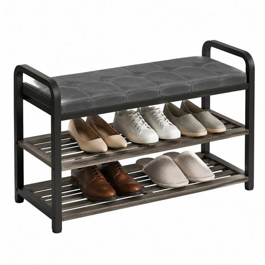 Panca portascarpe da interno rettangolare 100 x 30 x 45 cm con seduta in pelle PU struttura in acciaio e 2 ripiani effetto legno nero e grigio marrone