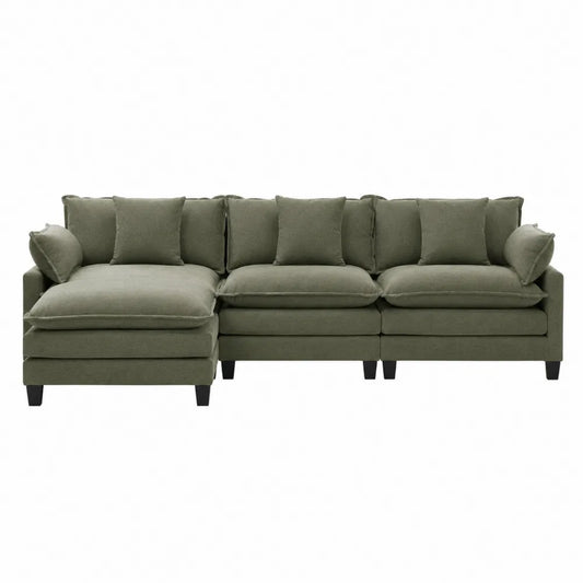 Divano angolare a L con chaise longue 280 x 200 x 85 cm in tessuto chenille verde oliva con cuscini e gambe nere