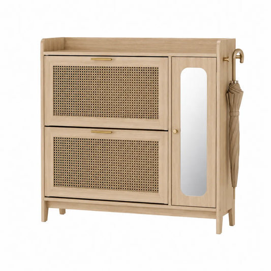 Scarpiera da interno rettangolare 90 x 32 x 100 cm in MDF effetto rovere chiaro con ante a ribalta in PE effetto rattan e specchio