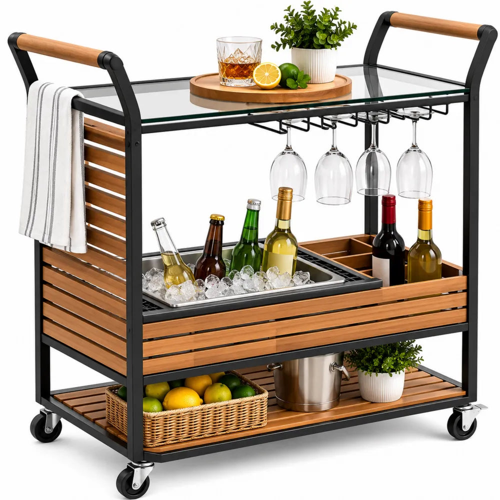 Carrello bar con ruote in metallo nero e ripiani in legno e vetro 80 x 40 x 85 cm con porta bicchieri e porta bottiglie