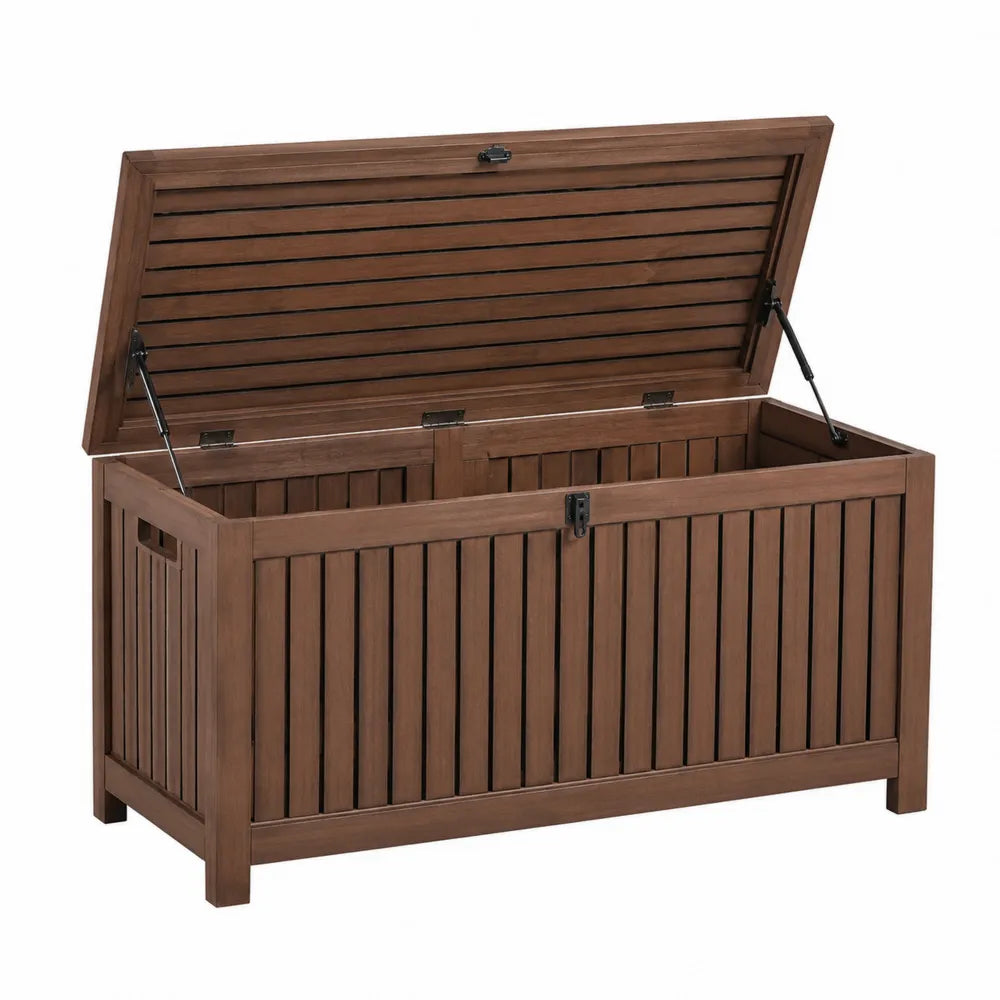 Cassapanca contenitore da esterno rettangolare 120 x 55 x 60 cm in legno massello di acacia con coperchio marrone e nero