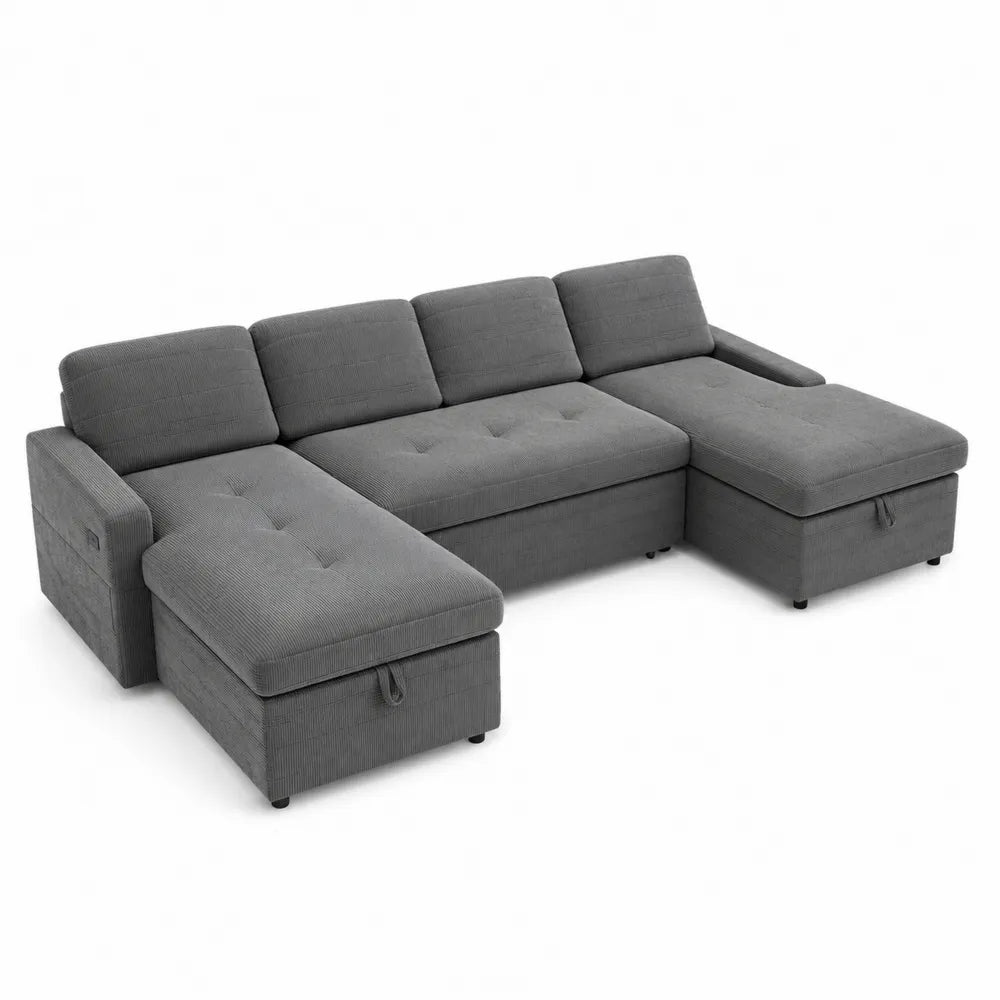 Divano modulare angolare a U in tessuto a coste poliestere grigio struttura in legno di pino e compensato cuscini removibili 300 cm x 220 cm x 85 cm