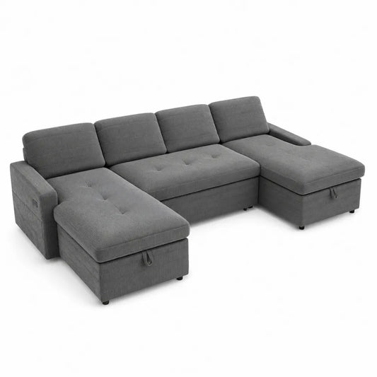 Divano modulare angolare a U in tessuto a coste poliestere grigio struttura in legno di pino e compensato cuscini removibili 300 cm x 220 cm x 85 cm