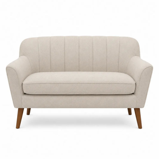 Divano due posti in tessuto poliestere beige struttura in legno gambe in legno naturale 150 cm x 78 cm x 80 cm