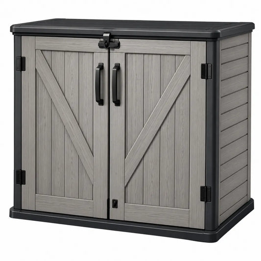 Armadio da esterno in resina effetto legno grigio 120 cm x 70 cm x 110 cm con doppia anta e chiusura lucchettabile