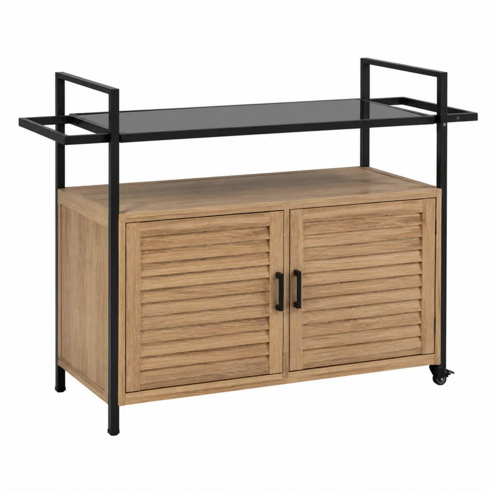 Carrello bar rettangolare in MDF effetto rovere naturale con telaio in acciaio nero piano in vetro fumé 2 ante e ruote 110 x 45 x 95 cm