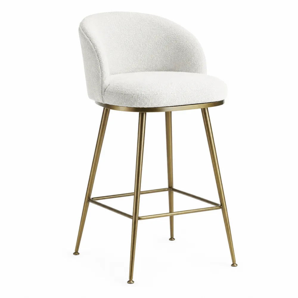 Sgabello da bar con schienale in tessuto bouclé bianco struttura in acciaio dorato a quattro gambe con poggiapiedi 44 cm x 43 cm x 78 cm