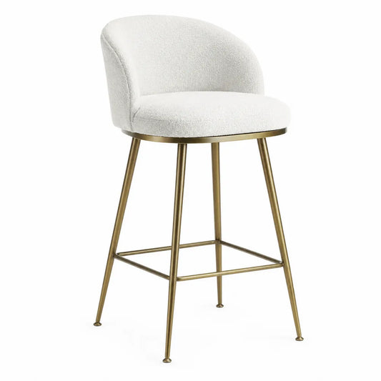 Sgabello da bar con schienale in tessuto bouclé bianco struttura in acciaio dorato a quattro gambe con poggiapiedi 44 cm x 43 cm x 78 cm