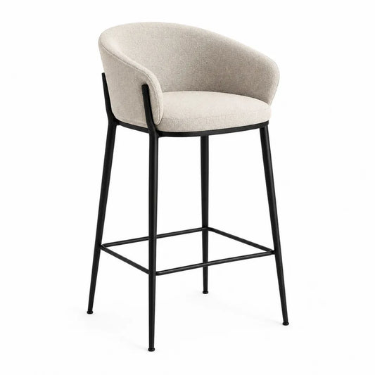 Sgabello da bar in tessuto di poliestere beige e acciaio verniciato nero con schienale avvolgente 50 cm x 55 cm x 95 cm