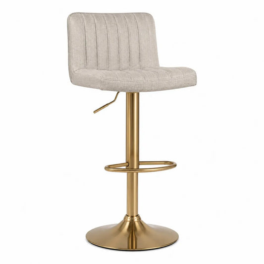 Sgabello da bar regolabile con schienale in tessuto bouclé beige struttura in acciaio finitura oro base circolare 85-105 cm