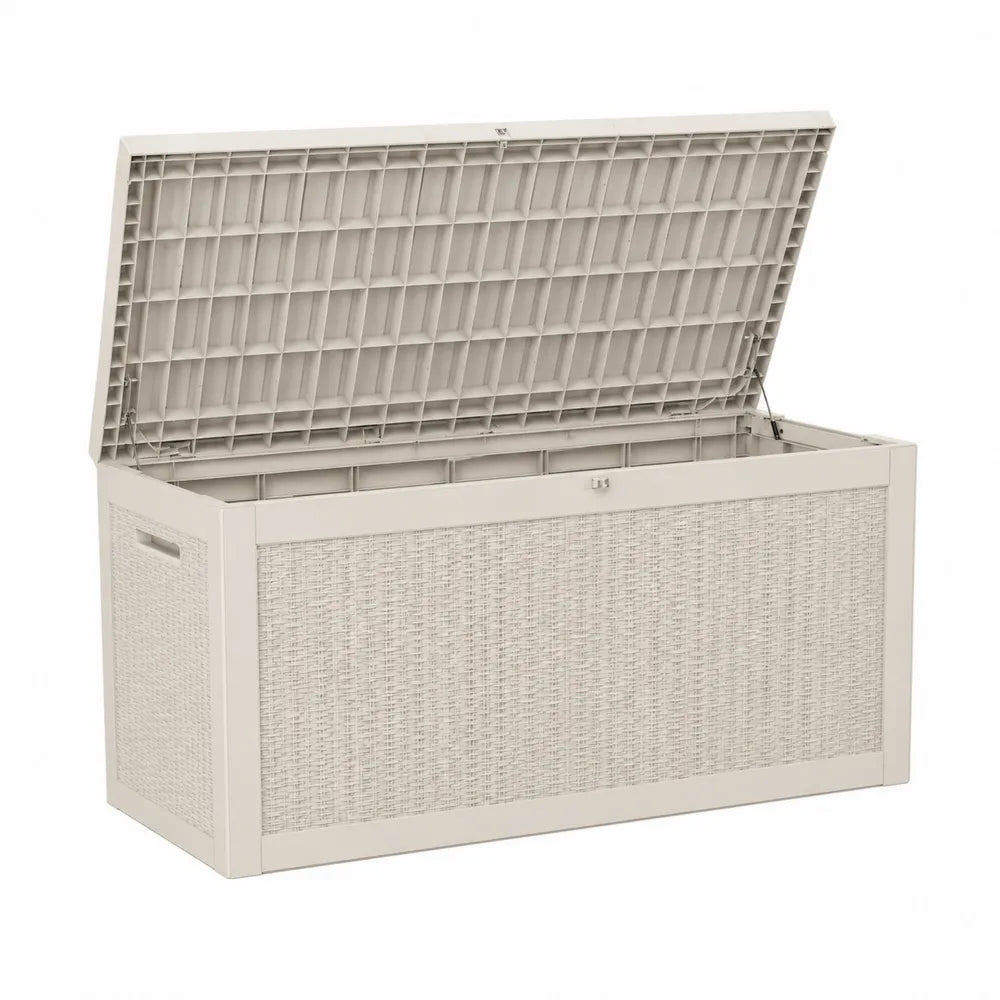 Baule contenitore da esterno rettangolare 120 x 60 x 70 cm in polipropilene effetto rattan beige chiaro