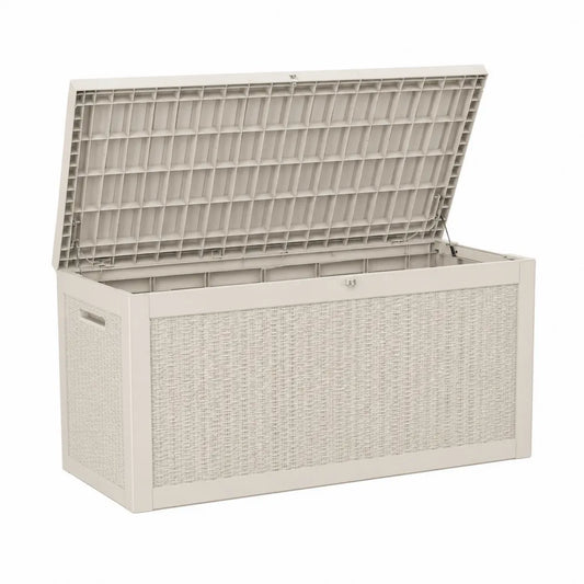 Baule contenitore da esterno rettangolare 120 x 60 x 70 cm in polipropilene effetto rattan beige chiaro