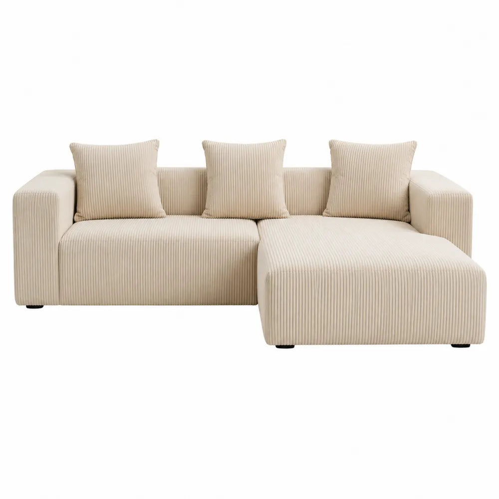 Divano modulare angolare a L 280 x 170 x 85 cm in velluto a coste poliestere beige chiaro con chaise longue e 3 cuscini