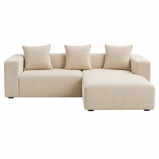 Divano modulare angolare a L 280 x 170 x 85 cm in velluto a coste poliestere beige chiaro con chaise longue e 3 cuscini