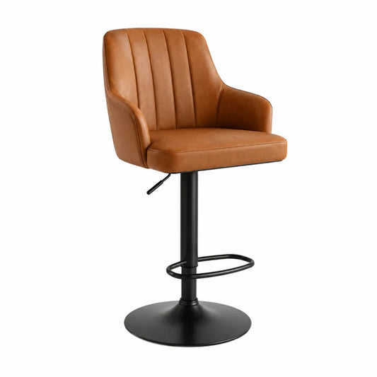 Sgabello da bar regolabile in PU marrone cognac e acciaio nero con schienale imbottito base rotonda e poggiapiedi 50 cm x 50 cm x 88-108 cm