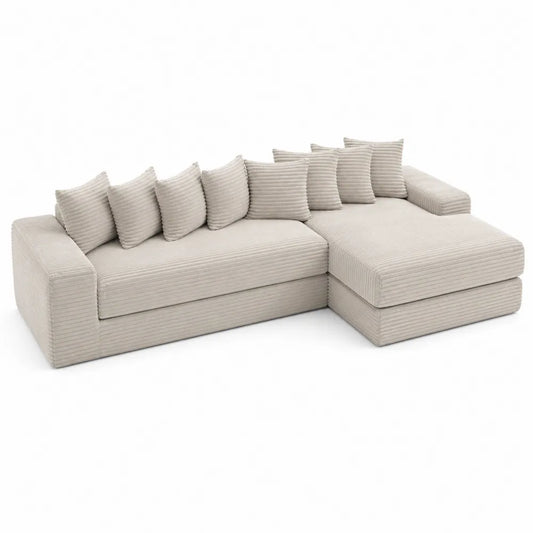 Divano angolare a L con chaise longue in tessuto poliestere effetto velluto a coste beige struttura in legno multistrato 260 cm x 160 cm x 85 cm