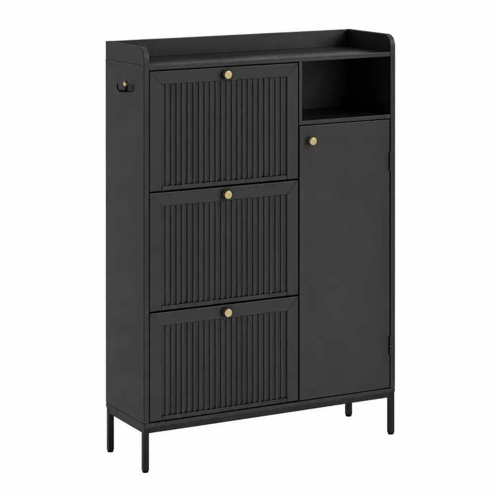 Mobile scarpiera da interno rettangolare 100 x 35 x 120 cm in MDF nero con 3 ante a ribalta vano laterale e dettagli oro