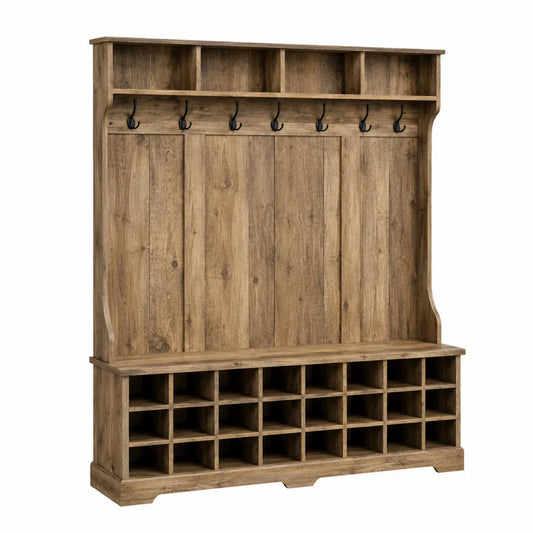 Mobile ingresso appendiabiti e scarpiera in MDF effetto rovere naturale 120 cm x 40 cm x 180 cm con panca e ganci in metallo nero
