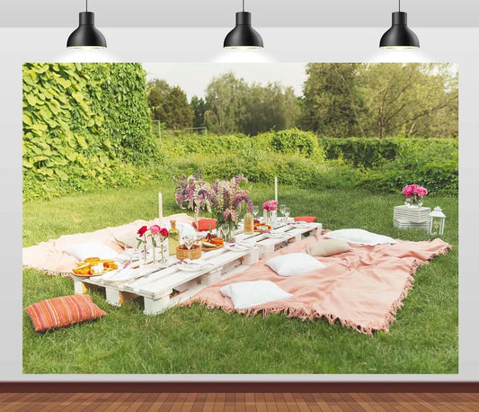 modello 4.6x3m, 15x10FT, Elegante Tavolo Da Picnic In Giardino Sfondo Fotografico