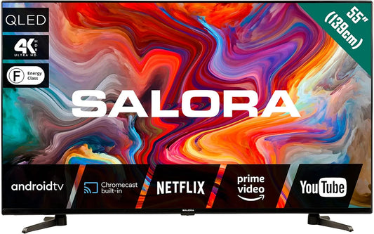 Smart TV, 55 pollici, classe energetica E, 3 HDMI, televisore, SALORA 55QLEDTV, 4K UHD, HDR, audio Dolby, Wi-Fi, Bluetooth, Android OS, nero, HDR10