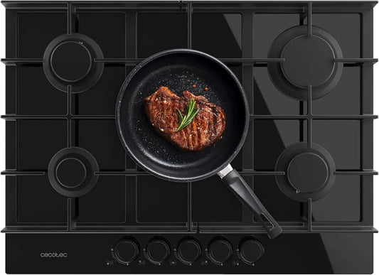 Cecotec Bolero Squad G 5400F Piano cottura a gas, 5 fuochi, 4K UHD, ghisa, fornello a gas, nero, 4kW, WOK, Triplo Anello, Vetro Nero, Accensione