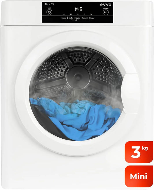 Asciugatrice, 3 kg, portatile, bianco, EVVO Asciugabiancheria Mini S3, Tecnologia Airfresh, nessuna installazione richiesta, Sensore di umidità