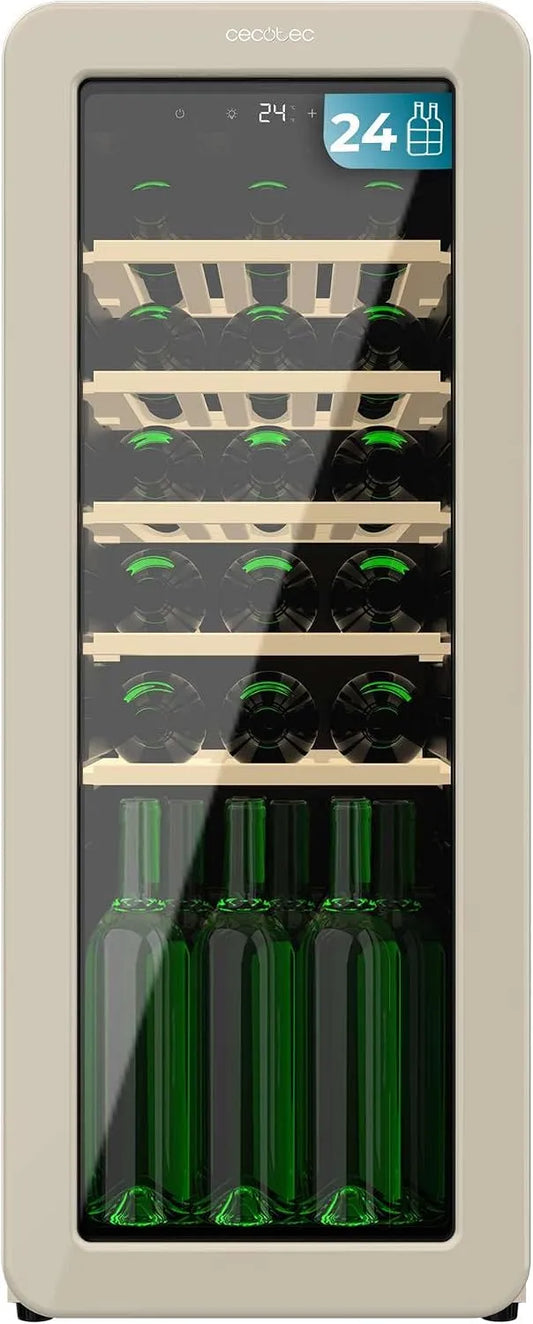 Cecotec Finitura Beige, Cantina 24 Bottiglie Retro 24 Hit Beige, Controllo schermo LED, Temp Bolero Grandsommelier Origin, 5-20oC, NoFrost, Ripiani in