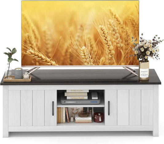 Mobile TV, 65 pollici, decorazione del soggiorno, bianco, supporto per TV con 2 armadi e 2 ripiani aperti, sala da pranzo, camera da letto