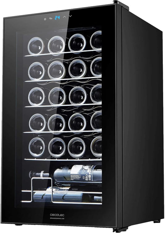 Cecotec Cantinetta vino, 24 bottiglie, 5 a 18 °C, 45 dB, 2 zone di temperatura, touch, nero, compressore silenzioso, senza vibrazioni