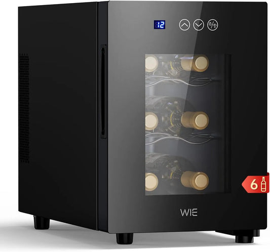 Cantinetta vino, 6 bottiglie, 4 a 16 °C, 42 dB, vetro, touch, 3 livelli, 16°C, Bar, Frigorifero per Vino con LED, per Casa, Camera