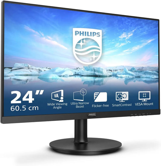 Philips 241V8L Monitor, 24 pollici, 1920 × 1080, 75 Hz, funzioni gaming, Full HD, pannello IPS, pannello VA, HDMI, schermo PC, nero, Attacco VESA